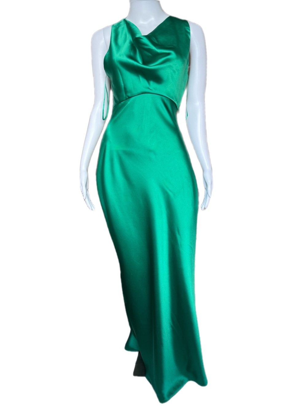 Xscape Emerald Satin Maxi Dress - Sleeveless Draped Neck Gown